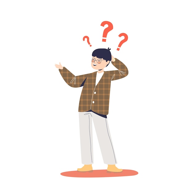 frustrated small boy with question marks need answers and general knowledge, school study