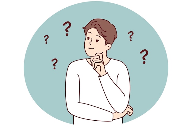 Frustrated young man thinking of problem solution having dilemma Confused male make decision