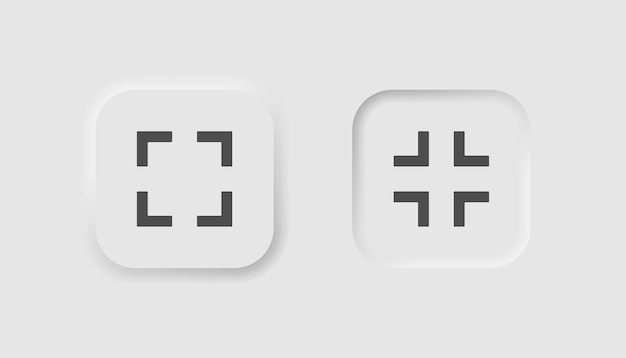 Fullscreen button in neumorphism style Icons for business white UI UX Expand window symbol Square shape with arrows decrease Neumorphic style Vector illustration