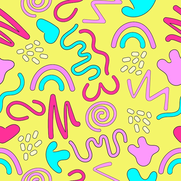 Fun colourful doodle seamless pattern with simple shapes 90s trendy squiggle vector background