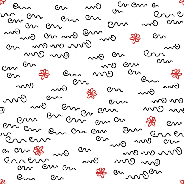 Fun doodle seamless pattern with squiggle lines and flowers Creative minimalist style background for tee textile paper and fabric Childish vector illustration