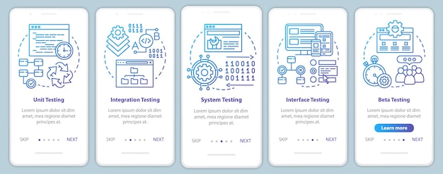 Functional software testing onboarding mobile app page screen vector template