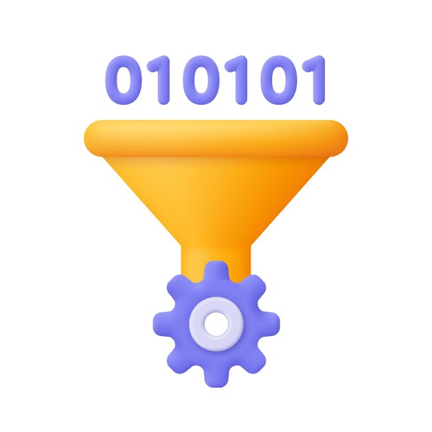 funnel with binary code and gear code filtration and assembler 3d vector icon cartoon minimal style