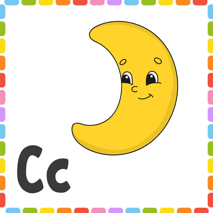 Vector funny alphabet. letter c - crescent. abc square flash cards.