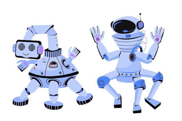 Funny friendly toy robots cartoon characters flat vector illustration isolated