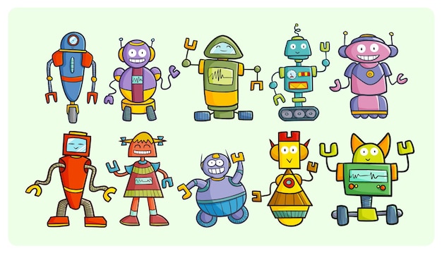 funny happy robots collection in simple doodle style