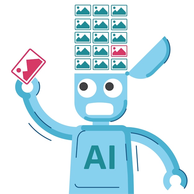 Funny illustration of machine learning process AI robot gets flow of images in it39s brain and keeps image in his arm and makes image recognition Vector illustration