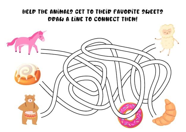 Funny maze game with a unicorn bear and sheep looking for their favorite desserts bright cartoon