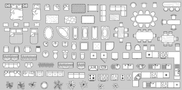 Furniture outline top view. Set of isolated linear icons for interior. Vector Illustration. Furniture and elements for apartments, living room, bedroom, kitchen, bathroom. Floor plan. Furniture store
