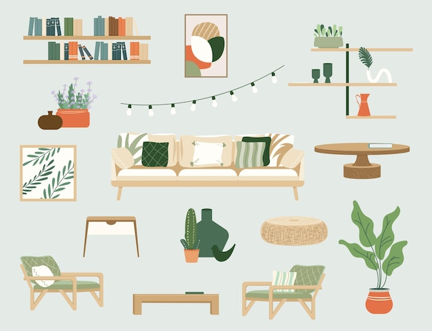 Furniture set for boho style living room interior design in Scandinavian Style of trendy earth tones