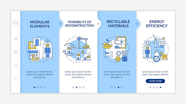 Future office construction needs onboarding vector template. Responsive mobile website with icons. Web page walkthrough 4 step screens. Modularity, rebuilding color concept with linear illustrations