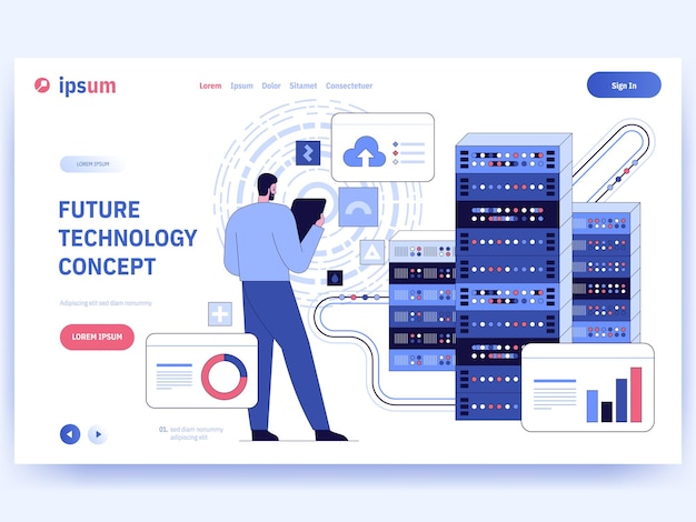 Future technology concept banner template Man developer looking at clipboard analyzes data and statistics monitors operation of servers data storage and transmission Vector character illustration