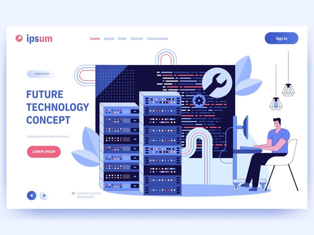 Future technology concept banner template Man programmer coding at computer monitors operation of servers data storage and transmission configures and develops Vector character illustration