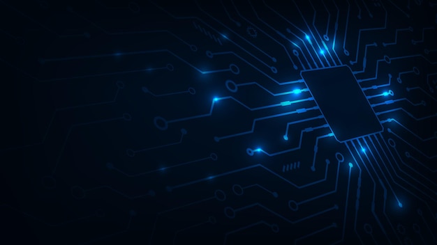 futuristic abstract technology microchip with line circuit on dark blue background