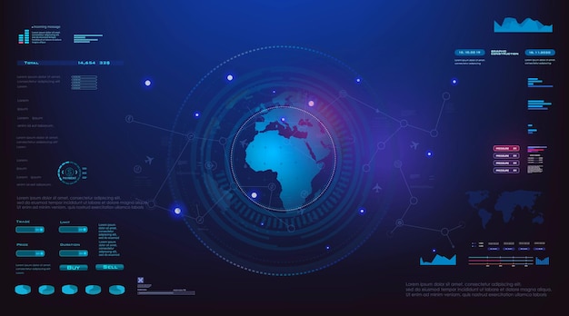 Futuristic background with HUD elements Digital user interface with navigation bar World Internet technologies and communications Futuristic background with interface and earth diagrams