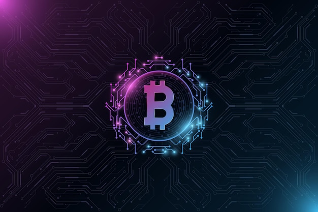 Futuristic Bitcoin digital currency. Big CPU data. Concept of cryptocurrency mining. Hi-tech design blockchain. Computer circuit board.