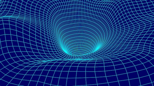 Futuristic blue funnel Wireframe space travel tunnel Abstract blue wormhole with surface warp Vector illustration