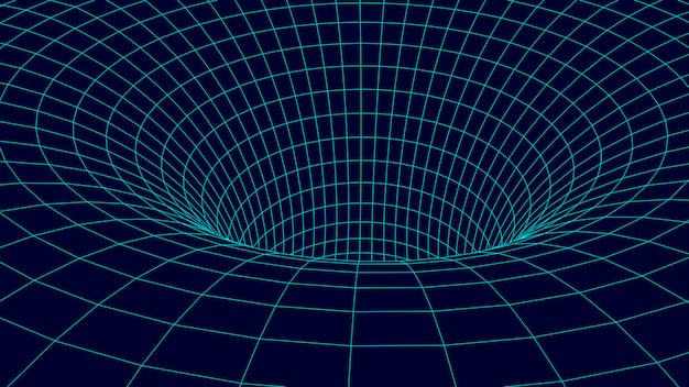 Futuristic blue funnel Wireframe space travel tunnel Abstract blue wormhole with surface warp Vector illustration
