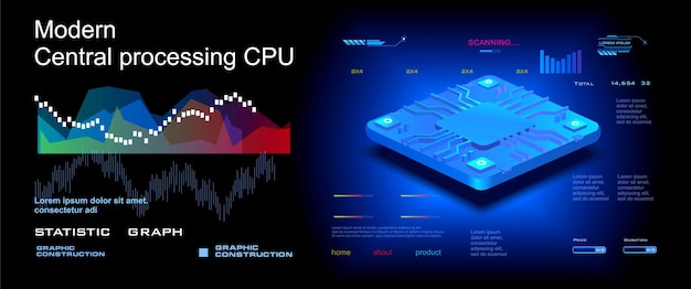 Futuristic central processing unit for computer on modern cyber background with HUD elements Computer processor presentation Modern powerful new generation processor Concept cyber banner