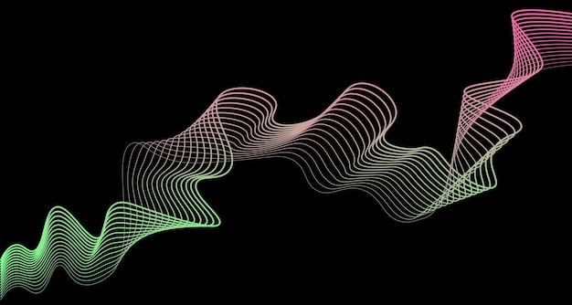 Futuristic geometric abstract shapes neon halftone pulsating wavy lines Gradient vector sound wave on black background Modern design for equalizer audio recording voice assistant