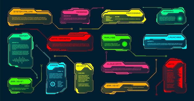 Futuristic HUD or UI elements Scifi user interface text boxes callouts Colorful warning message frame information boxes template Modern game interface layout digital style Vector illustration