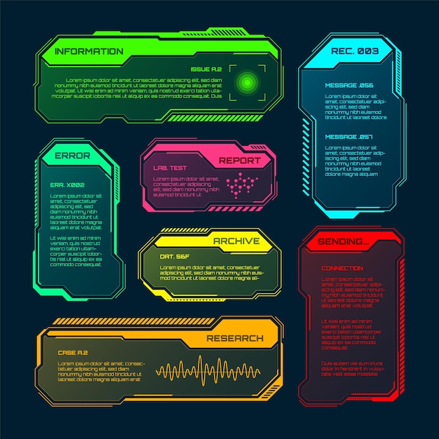 Futuristic HUD or UI elements Scifi user interface text boxes callouts Colorful warning message frame information boxes template Modern game interface layout digital style Vector illustration