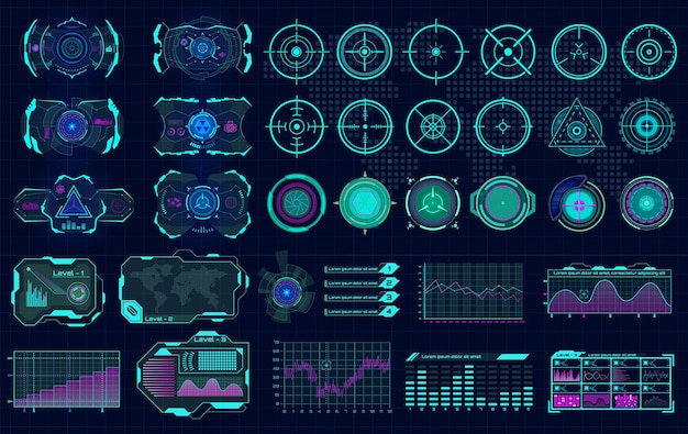 Futuristic interface showcases an array of graphical elements for data analysis and monitoring Various icons graphs and indicators are present designed for hightech environments