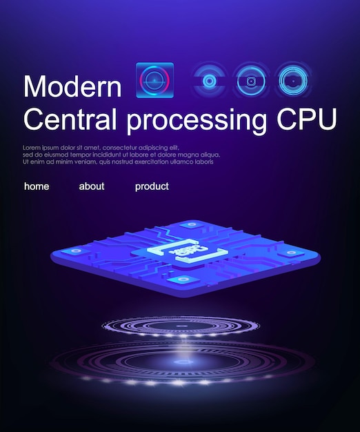 Futuristic microchip processor for computer Processing large amounts of information Isometric cyberbanner cpu Digital chip for motherboard