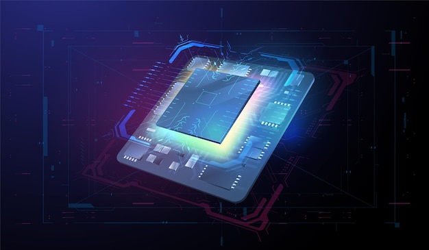 Futuristic microchip processor Quantum computer database concept modern CPU illustration Central Computer Processors Digital chip with HUD elements Tech Futuristic Template