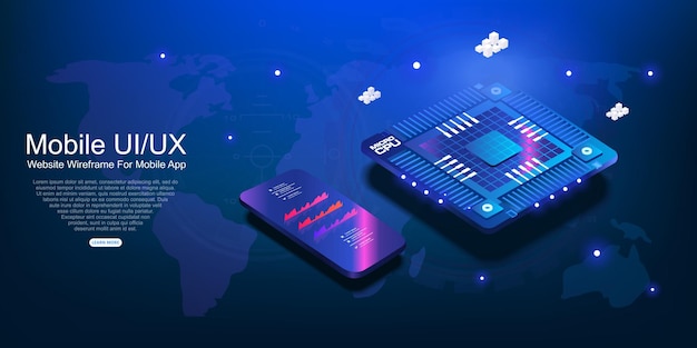 Futuristic microchip processor with mobile phone on dark blue background with lights Blockchain technology of the future Cryptocurrency Management Mobile Computing Processor