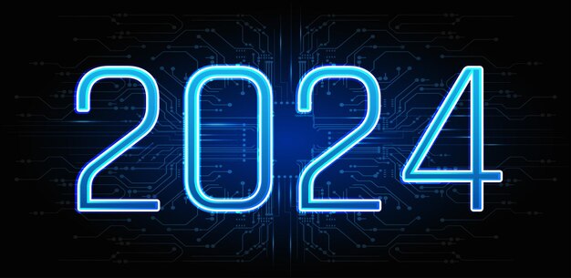 Futuristic neon blue 2024 against a black circuit board background symbolizing the intersection of