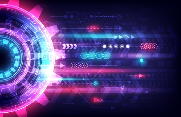 Futuristic SciFi glowing HUD element and particle gear Abstract hitech background Speed arrow of headup display interface Internet motivation and connection