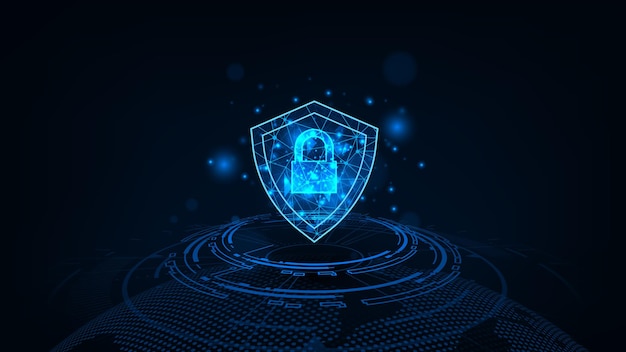 futuristic security network at center digital security cyber data concept hud ring with shield