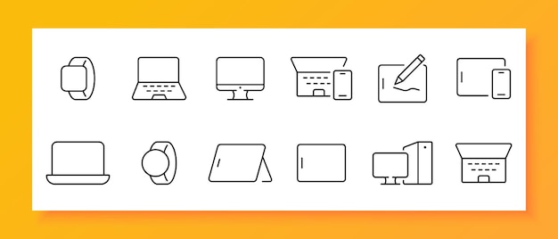 Gadgets icon set Smart watch tablet system unit monitor smartphone laptop Black icon on a white background Vector line icon for business and advertising