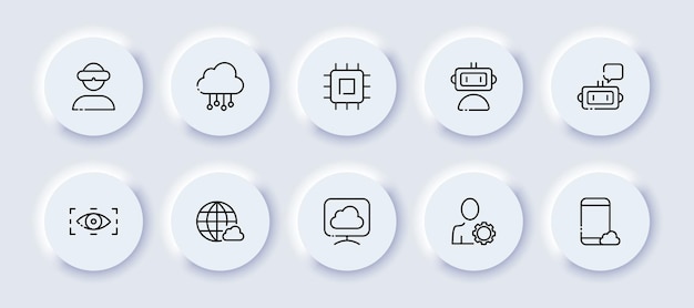Gadgets neomorphic line icons set VR glasses cloud data storage server processor assistant internet computer settings user smartphone Technology concept Vector neomorphic line icons set