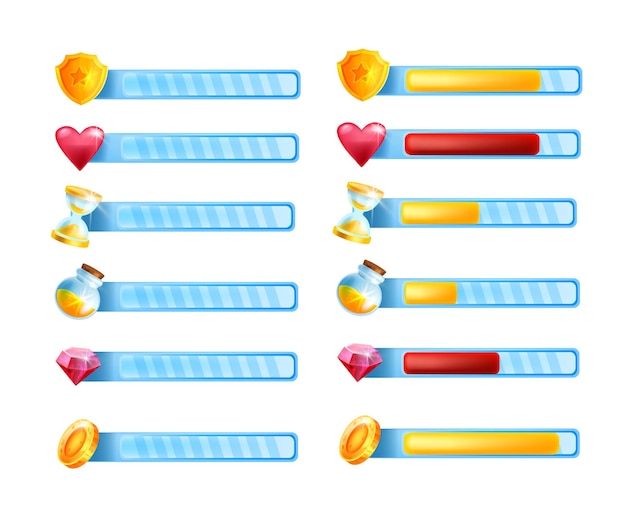 Game bar vector icon set UI progress energy design kit mobile app power level panel isolated on white Heart life health indicator user interface loading elements golden shield Game bar assets