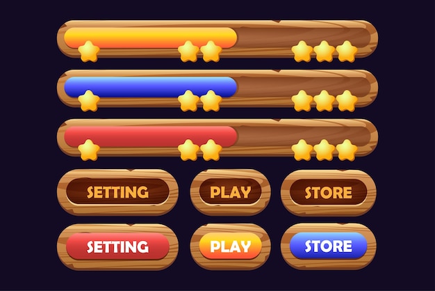 game buttons of wooden and gold texture cartoon menu interface elements