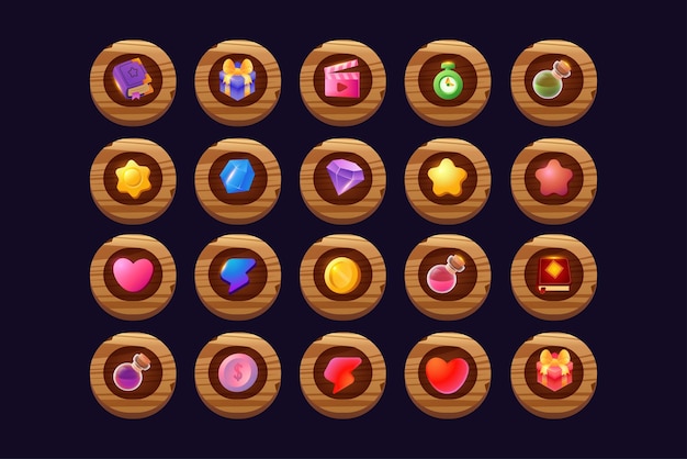 game buttons of wooden and gold texture cartoon menu interface elements
