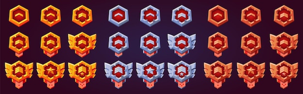 Game level rank badges collection Progress insignia victory award conquest emblem and award Red