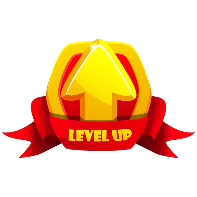 Game level up badge icon Vector bonus rank reward emblem with golden raising arrow award ribbon and shield Winner evaluation ui or GUI app element user interface rating achievement