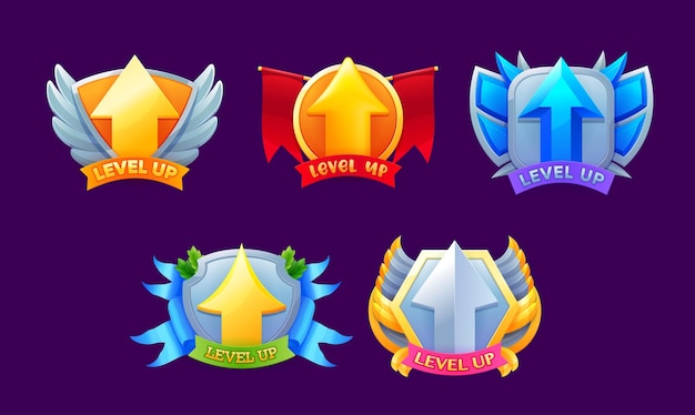 Game level up badges and win icons Vector bonuses rank reward emblems set with golden and silver raising arrows wings and shield Winner evaluation ui or gui app user interface rating achievement