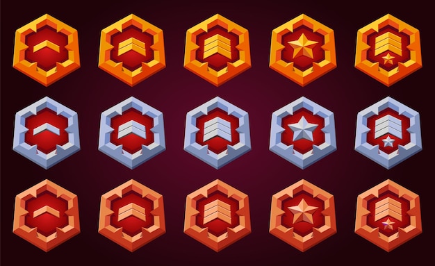 Game level up reward badges set with spykesRank reward victory success achievement award Red color