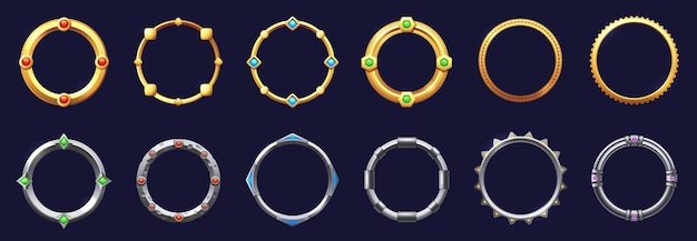 Game round interface frames Cartoon UI circle game asset items empty golden medieval silver textured borders for GUI design Vector sprite graphic set