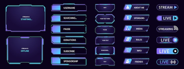 Game stream HUD futuristic overlay with frames buttons banners and panels dashboard popup window layout for TV and game streaming Vector border UI