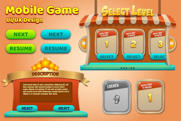 game ui design and casual game ui kit and game art ui design and ui ux game elements premium vector