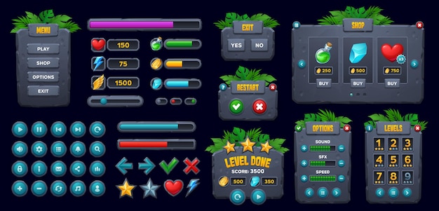 game ui jungle forest stone interface buttons