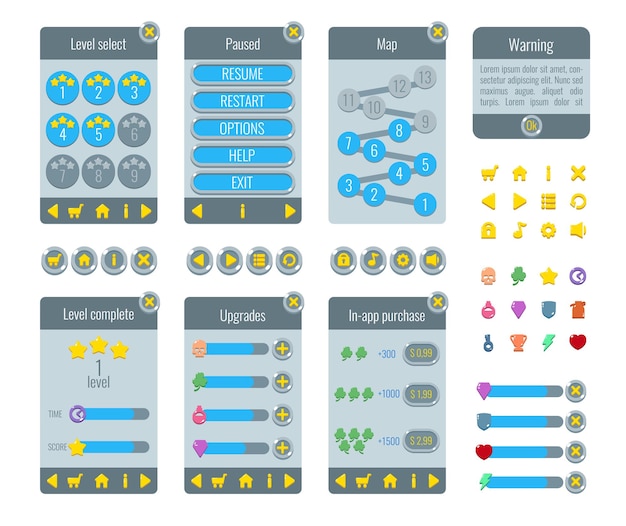 Game ui set. Complete menu of graphical user interface GUI. Screens, resource bars, icons for games. Level select, paused, map, warning, level complete, upgrades, in-app purchase.