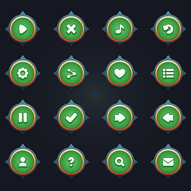 Game ui set of green buttons in cartoon style gui to build 2d games cartoon casual buttons kit