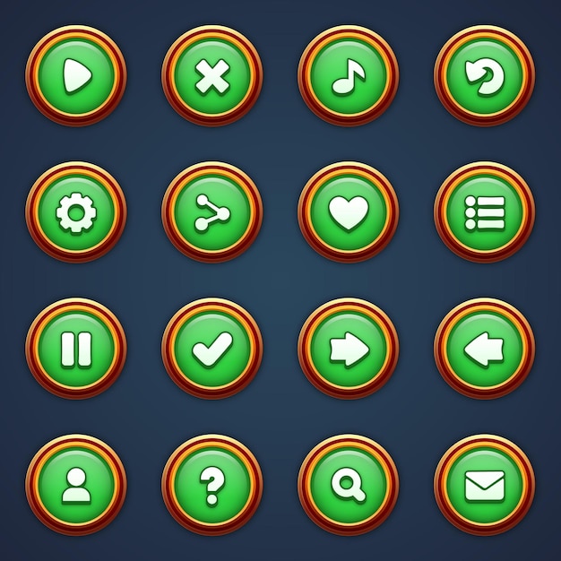 Game ui set of green buttons in cartoon style gui to build 2d games cartoon casual buttons kit