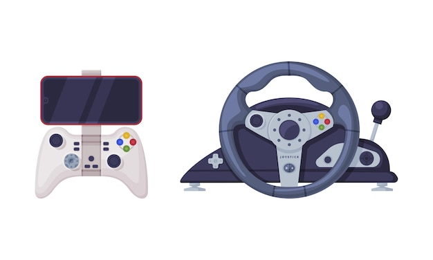 Gamepad and Steering Wheel as Game Controller and Input Device for Video Game Console Vector Set